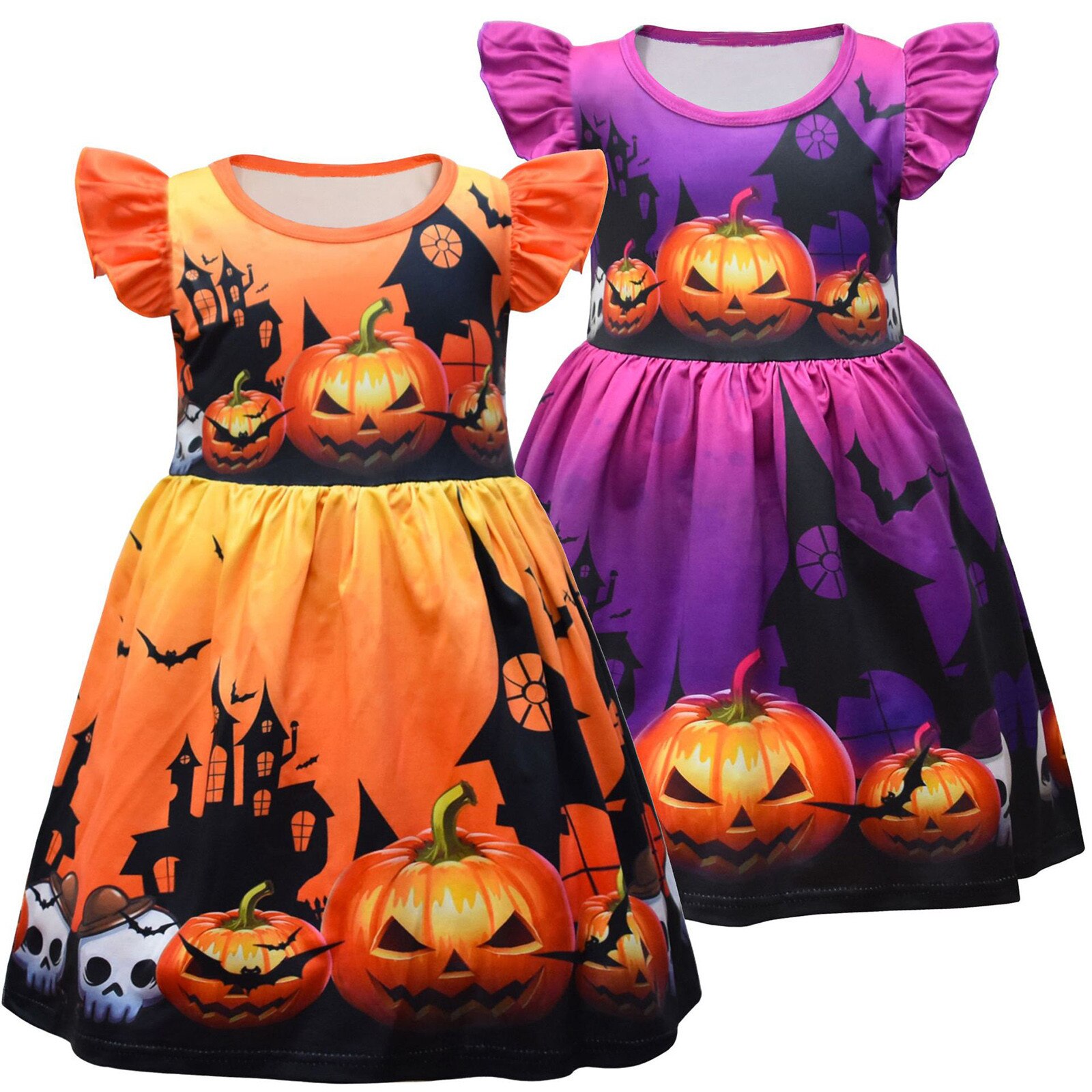 Baby Girls Clothes Halloween Dress Toddler Kids Infant Fly Sleeves Cartoon Halloween Pumpkins Prints Custome Princes